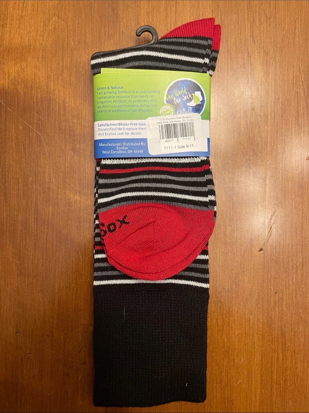 NWT EcoSox bamboo socks sz medium activewear hiking work black w red stripe USA